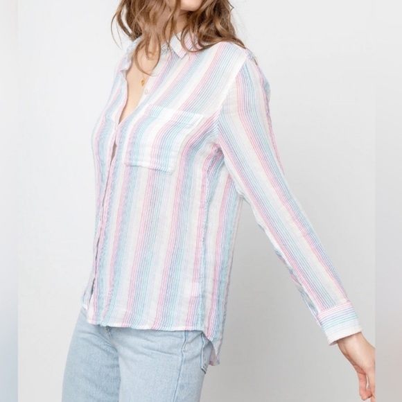 Rails Shirt Womens L White Pink Rainbow Button Up Gauze Ellis Iris Stripe - Picture 1 of 5